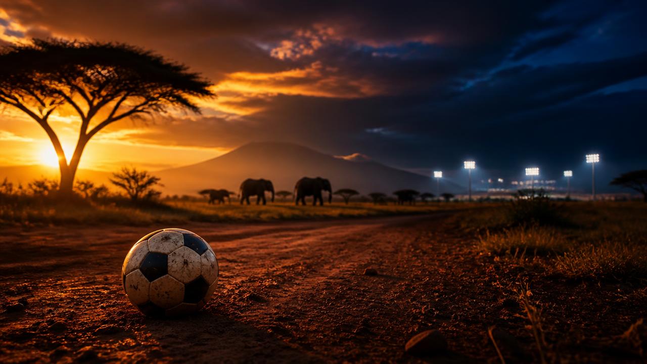 Football resting on a savannah track at sunset with elephants and stadium floodlights in the distance