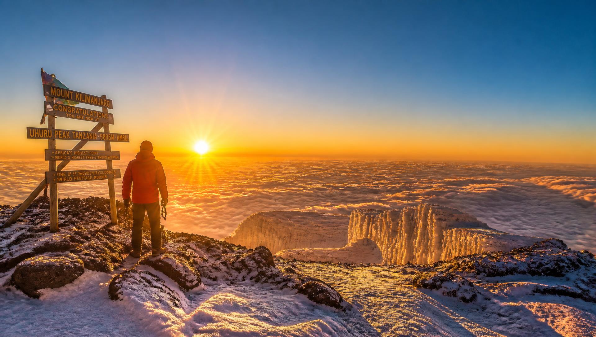 Guide standing at the Uhuru Peak summit sign of Mount Kilimanjaro at sunrise, above a sea of clouds beside the crater glaciers